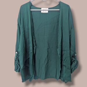 Brand Bazar Emerald Green Silk Fringe Open Front Roll-Tab Lightweight Cardigan